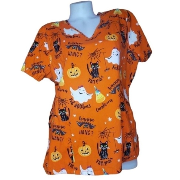 SCRUBSTAR ORANGE HALLOWEEN SCRUB Top Women's Large L Holiday Puns October Fall - Picture 1 of 10